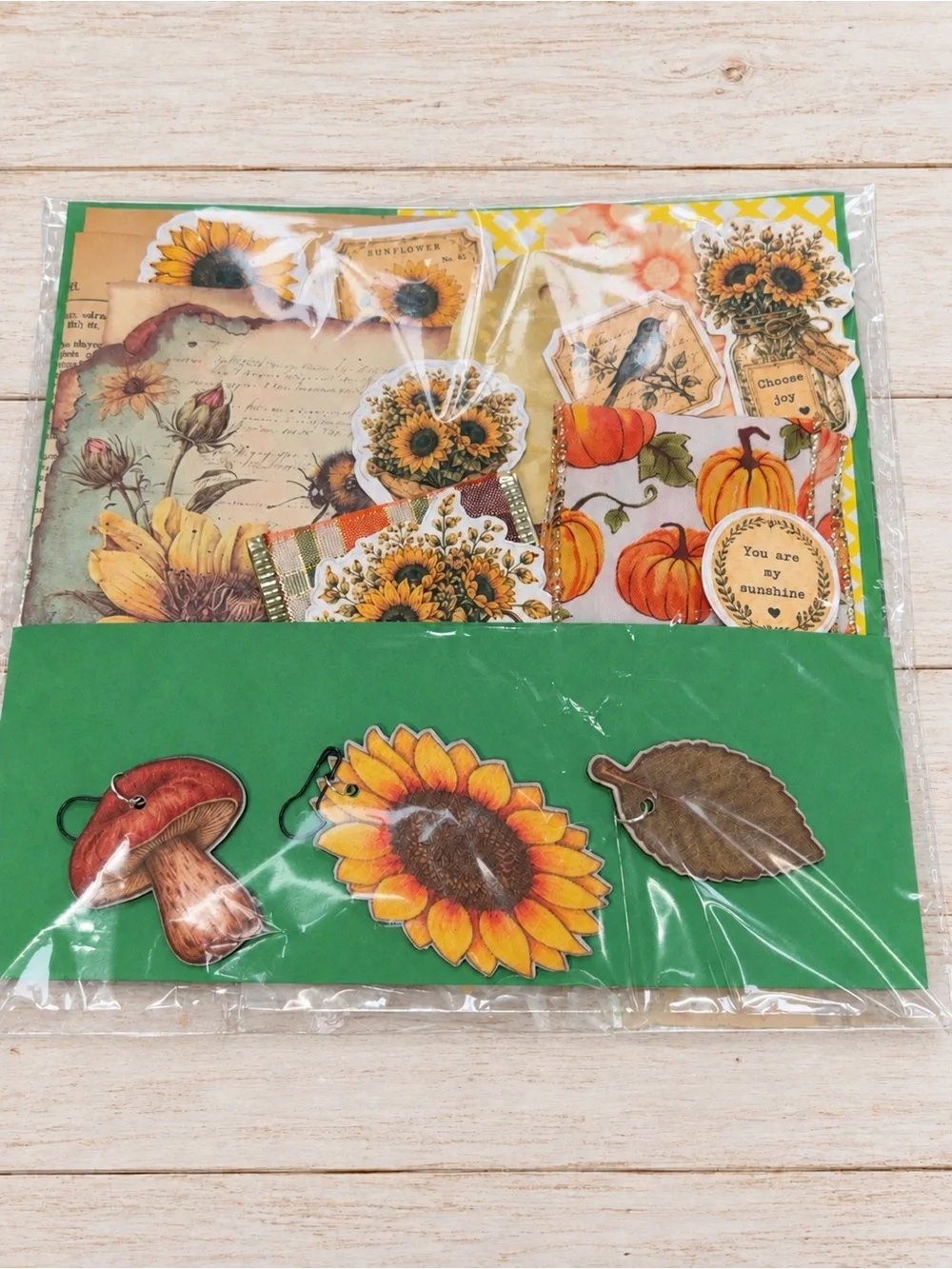 20pc Autumn Sunflower Mixed Media Kit Paper Stickers Tags Wood Charms Ribbon